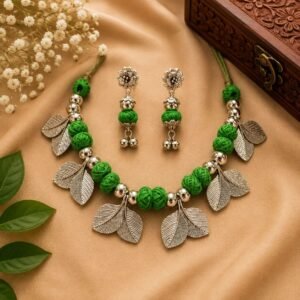 Silver beads leaf jewellery set